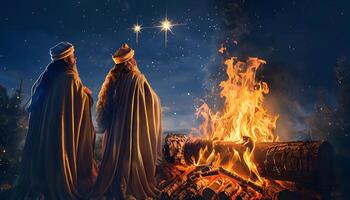 Three wise men standing near a fire with stars photo