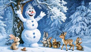 A snowman surrounded by animals in the snow photo