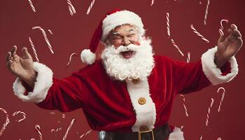 A santa claus is laughing and throwing candy canes photo