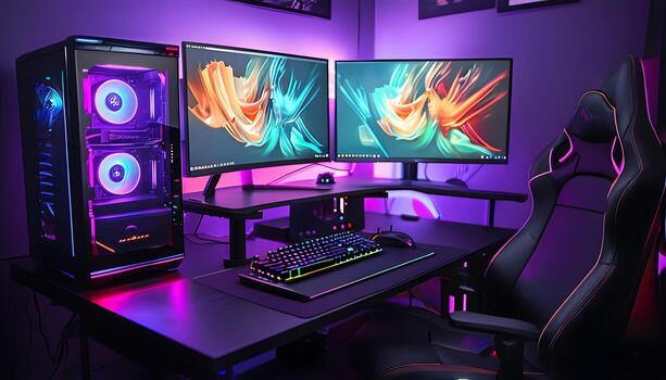 A computer desk with two monitors and a keyboard photo