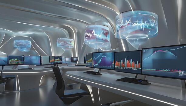 A room with multiple monitors and a computer photo