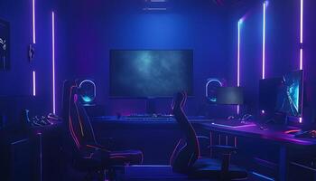 A computer room with a desk and two chairs photo