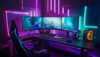 A computer desk with three monitors and a chair photo