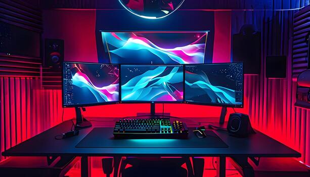 A computer desk with three monitors and a keyboard photo