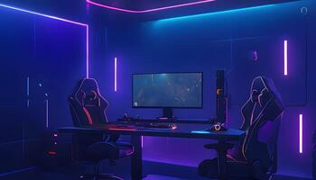 A computer room with a desk and two chairs photo