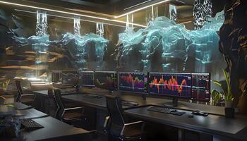A room with multiple computer monitors and a waterfall photo