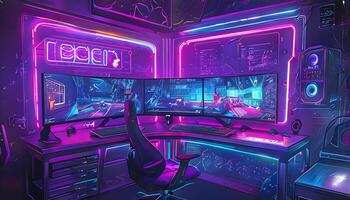 A computer room with three monitors and a chair photo
