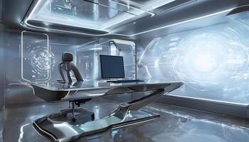 A futuristic office with a computer desk and chair photo