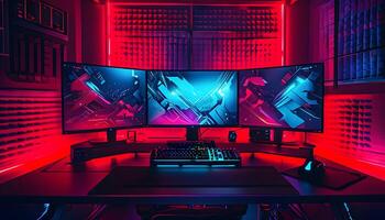 A computer desk with three monitors and a red light photo
