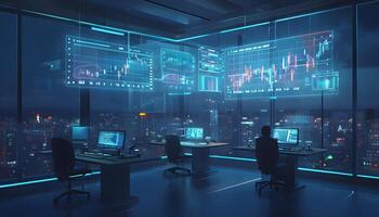Two people sitting at computers in front of a large window photo