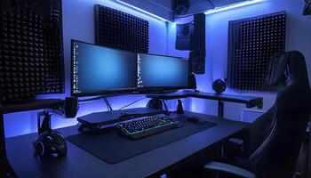 A gaming room with two monitors and a keyboard photo