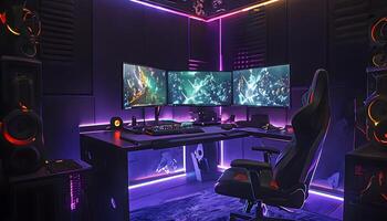 A gaming room with a desk, computer, and speakers photo