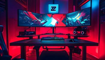 A computer desk with three monitors and a keyboard photo
