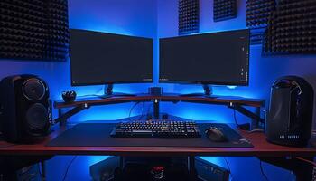 A computer desk with two monitors and a keyboard photo