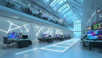 A large room with multiple computer monitors and a large window photo