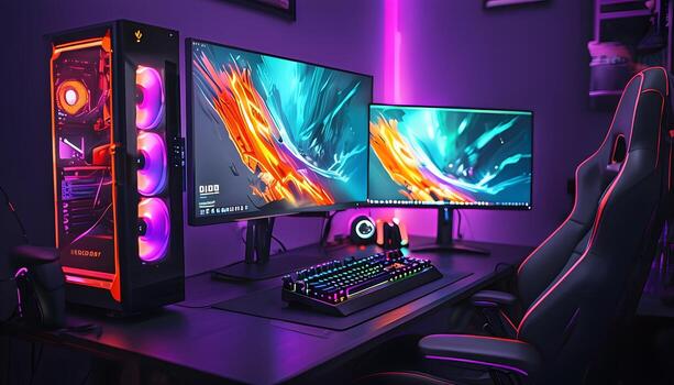 A gaming computer with two monitors and a keyboard photo