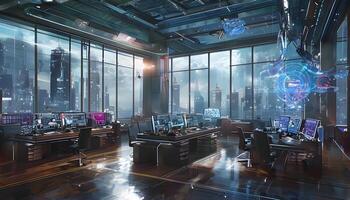 A futuristic office with lots of computers and monitors photo