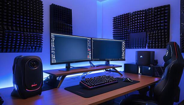 A desk with two monitors and a keyboard and mouse photo