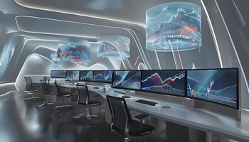 A room with multiple monitors and chairs photo