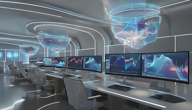 A futuristic office with multiple monitors and computers photo