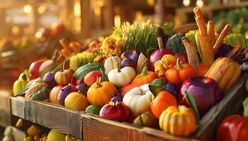 A variety of fruits and vegetables are displayed in a wooden crate photo