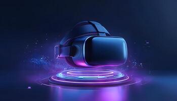 Virtual reality headset with glowing lights on a dark background photo