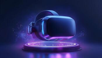Virtual reality headset on a stand with glowing lights photo