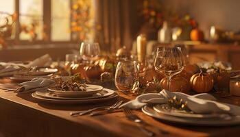 A table set for thanksgiving with pumpkins and other decorations photo