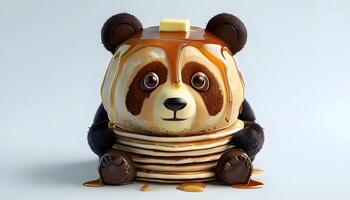 A panda bear is sitting on a stack of pancakes photo