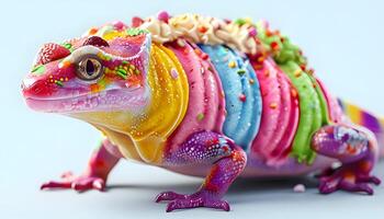 A colorful lizard with a cake on its head photo