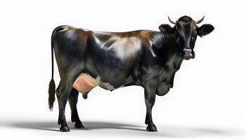 A cow is standing in front of a white background photo