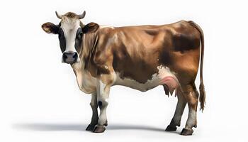 A brown and white cow standing in front of a white background photo