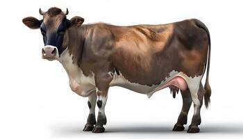 A cow is standing in front of a white background photo