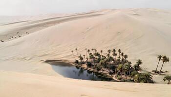 A small pond surrounded by palm trees in the desert photo