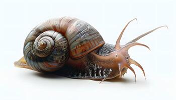 A snail is shown on a white background photo