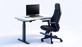 A computer desk with a chair and a monitor photo