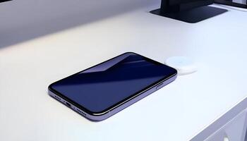 A phone sitting on a desk next to a computer photo