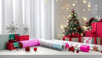 Christmas wrapping paper and gifts on a table photo