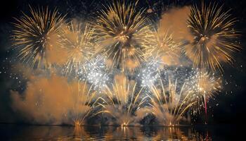 Fireworks over the water with a dark sky background photo
