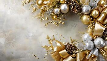 A wreath of gold and silver ornaments on a white background photo