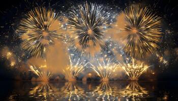 Fireworks over the water with reflection photo