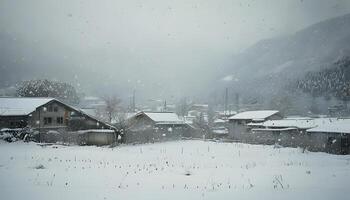 A snowy village in the mountains with snow falling photo