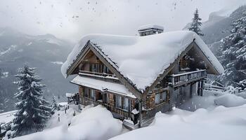 A house in the snow with a snowy mountain background photo