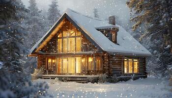 A log cabin in the snow with lights on photo
