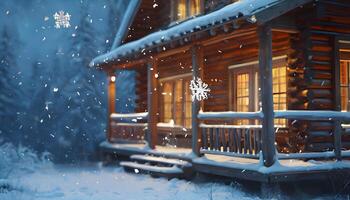 A log cabin in the snow with snow falling photo