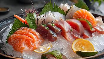Sushi is served on a plate with a slice of lemon photo