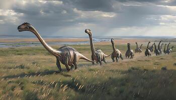 A group of dinosaurs walking in a field photo