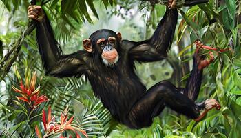 A chimpanzee hanging from a tree in the jungle photo