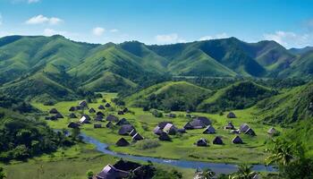 A valley with many huts in the middle of a green field photo