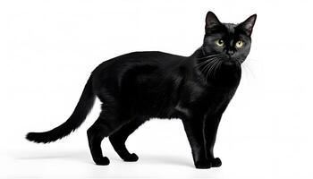 A black cat is standing in front of a white background photo